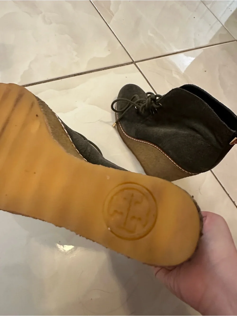 Tory Burch Dark Olive Suede Wedge Ankle Boots